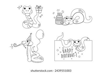 Set cartoon color book character birthday snake hand drawn