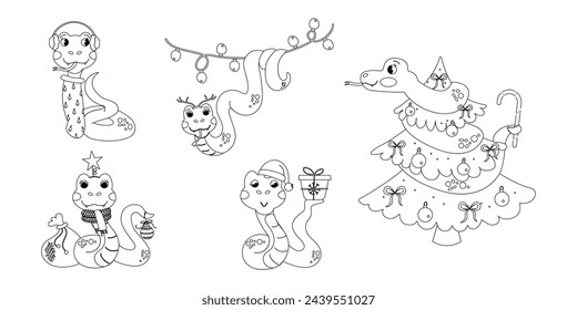 Set cartoon color book character christmas snake hand drawn