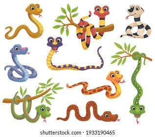 Set of cartoon color snake in various poses. Cute smiling animals, funny reptile of wild tropical nature. Colorful flat vector isolated illustrations for kids design.