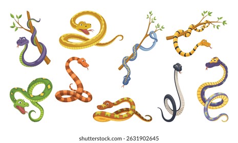 Set of cartoon color snake in various poses. Cute smiling animals, funny reptile of wild tropical nature. Flat vector isolated illustrations for kids design