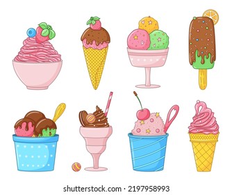 Set of cartoon colored doodle ice cream. Collection of different types of ice cream. Hand drawn Delicious frozen dessert. Bright summer sweet food. Color vector illustrations isolated on white