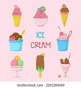 Conjunto de helados de doodle coloreados con dibujos animados. Helado, paletilla con hielo y baya. Pegatinas con borde blanco. Brillante comida dulce de verano. Dibujo mano Delicioso postre congelado. Ilustraciones vectoriales