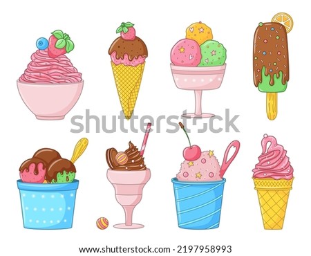 Set of cartoon colored doodle ice cream. Collection of different types of ice cream. Hand drawn Delicious frozen dessert. Bright summer sweet food. Color vector illustrations isolated on white