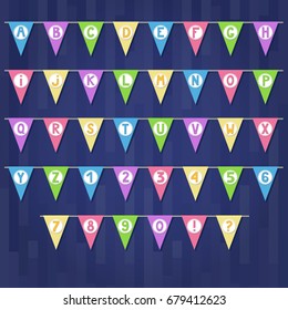 Set of cartoon colored flag garlands with alphabet: letters and numbers.  Good for events, celebrations, festivals, fairs, markets, party and carnival.