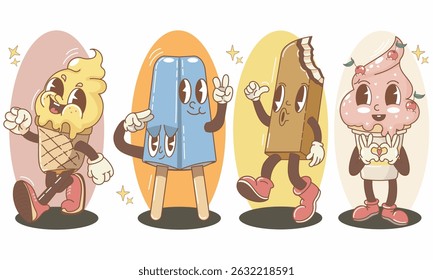 Conjunto de sorvete colorido de desenho animado. Doces diferentes tipos de cones de sorvete e picolés. Groovy doodle retro 90s ilustração sobremesa, verão e doce conceito de tratamento