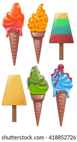 Set of cartoon colored ice cream with various decorations. Vector elements for your design and creativity