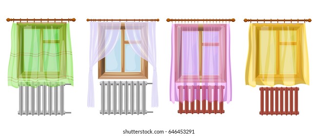 A set of cartoon colored image of window curtains and radiators on a white background. Element of decor. Vector illustration