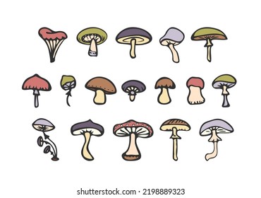 Set of cartoon colored mushrooms isolated on white background. Simple hand drawn doodle style. Vector illustration.