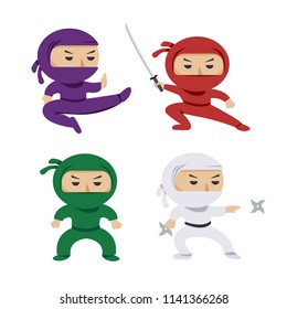 set of the cartoon colored ninjas with katana sword, martial arts poses. Vector clip art illustration.