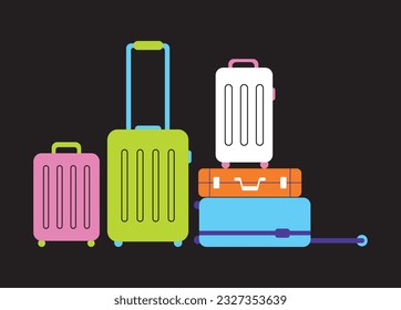 Set of cartoon colored suitcases on wheels. Various plastic, fabric vector illustrations of luggage. Various travel suitcases, business cases, travel luggage, travel cover leisure tourism shopping