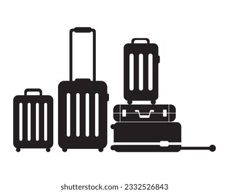 Set of cartoon colored suitcases on wheels. Various plastic, fabric vector illustrations of luggage. Various travel suitcases, business cases, travel luggage, travel cover leisure tourism shopping