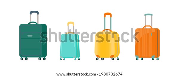 A set of cartoon colored suitcases on wheels. Various\
plastic, fabric vector illustrations of luggage. Various travel\
suitcases, business cases, travel luggage, travel cover leisure\
tourism shopping 