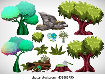 Set Of Cartoon Colored Tree For Use In The Game And Animation, Game Design Asset