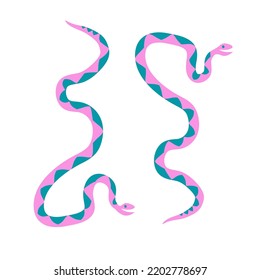 Set of cartoon colored wavy snakes in flat style isolated on white on white background. Funny animal perfect for decor of baby room, textiles print, fabric, sticker, package, clip art. 