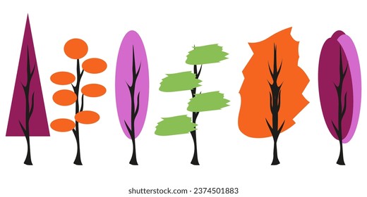 Set cartoon colorful Autumn tree isolated on transparent background. Forest element collection on white. Vector illustration. Maple, larch, oak, poplar tree