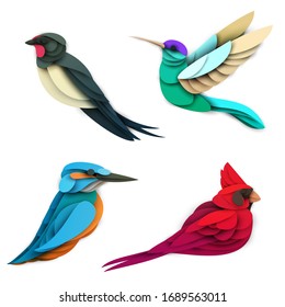 Set of cartoon colorful birds in trendy paper cut craft graphic style. Swallow, hummingbird, red cardinal, king fisher. Modern design for advertising cover, poster, banner. Vector illustration