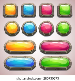 Set of cartoon colorful buttons on gray background, vector ui elements