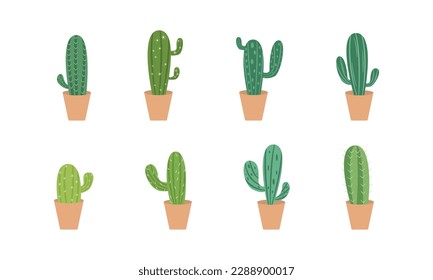 Set of Cartoon colorful cactus and succulents. Decorative flowers and plants. Isolated icons illustration. Collection of exotic plants.
