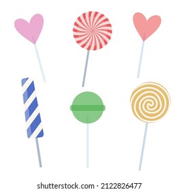 Set of cartoon colorful candy and Lollipop. Different shape sugar sweets. Vector illustration, all elements isolated on white background.