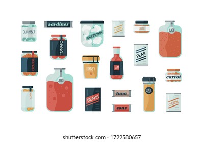 Set of cartoon colorful cans of glass with homemade preserves vector flat illustration. Collection of different types of canned food with pickled vegetables isolated on white background