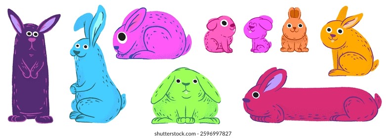Set of cartoon colorful characters rabbits. Cute various farm or wild bunnies in vibrant fashion art style. Vector child illustration of animals.