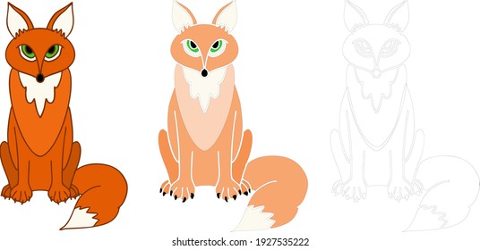 Set of cartoon colorful and contour fox. Hand drawn flat vector illustration. Cartoon design or design element