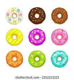 Set de caricaturas coloridas donuts decorados. La vista de arriba está acristalada. Ilustración vectorial Doughnut, iconos aislados sobre fondo blanco.