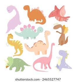 Set with cartoon colorful dino, ten cute dinosaurs in pastel colors. Vector illustration.	
