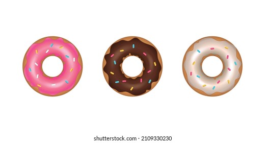 Set of cartoon colorful donuts. Bright delicious sweet doughnut with sugar caramel, colored glaze and decorated with colorful decorative elements. Sinker for menu design, cafe decoration, delivery.