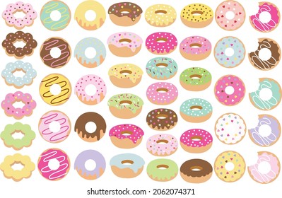 Set of cartoon colorful donuts. cafe decoration,Top View Doughnuts collection into glaze for menu design, Donuts into the glaze collection.