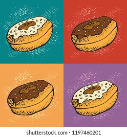 Set of cartoon colorful donuts. Doughnuts collection into glaze. Pattern for menu design, cafe decoration, delivery box. Pop art vector illustration.