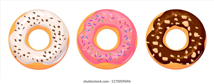 Set of cartoon colorful donuts isolated on white background. Top View Doughnuts collection into glaze for menu design, cafe decoration, delivery box. vector illustration in flat style