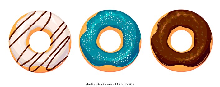 Set of cartoon colorful donuts isolated on white background. Top View Doughnuts collection into glaze for menu design, cafe decoration, delivery box. vector illustration in flat style