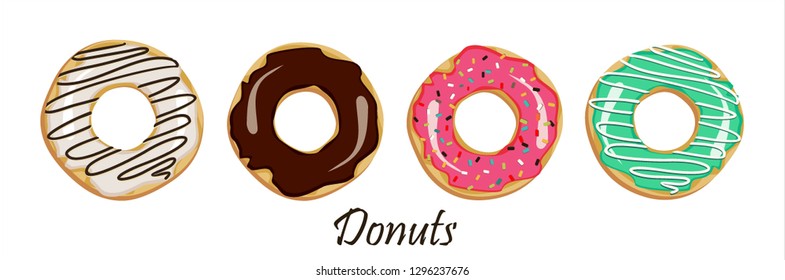 Set of cartoon colorful donuts isolated on white background. Top View. vector illustration in flat style