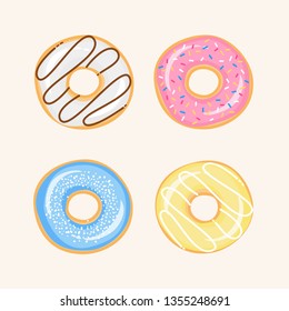 Set of cartoon colorful donuts isolated on white background. Top View Doughnuts collection into glaze for menu design, cafe decoration, delivery box. vector illustration in flat style