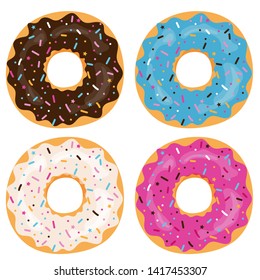 Set of cartoon colorful donuts isolated on white background. Doughnuts collection into glaze for menu design, cafe decoration, delivery box. Vector illustration in flat style.