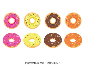 Set of cartoon colorful donuts isolated on white background. The view from the top and from the side. Vector illustration