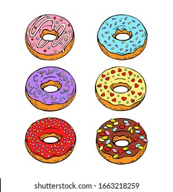 Set of cartoon colorful donuts isolated on white background. Doughnuts collection into glaze for your design and cafe decoration. Vector illustration in hand drawn style