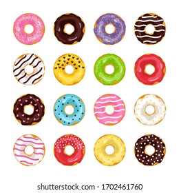 Set of cartoon colorful donuts isolated on white background. Chocolate, glaze covered, pink fast-food sweets desserts. Illustration in flat style