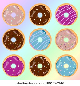 Set of cartoon colorful donuts isolated on white background. Top View Doughnuts collection into glaze for menu design, cafe decoration, delivery box. illustration in flat style Raster version
