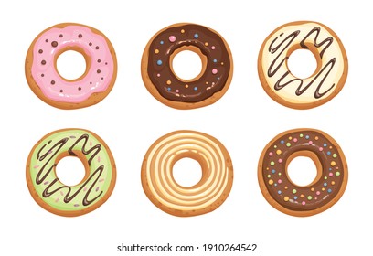 Set of cartoon colorful donuts isolated on white background. Top View Doughnuts collection into glaze for menu design, cafe decoration, delivery box. vector illustration in flat style.