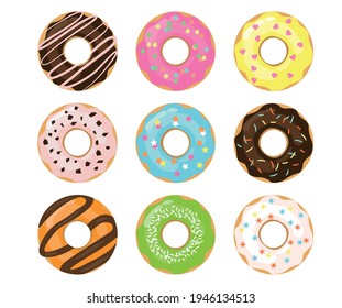 Set of cartoon colorful donuts isolated on white background. Donuts with colored glaze and colorful sprinkles. Collection donats for menu design, culinary blogs. Vector flat illustration.
