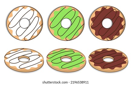 Set of cartoon colorful donuts isolated on white background. The view from the top and from the side. Vector illustration