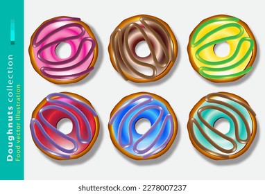 Conjunto de dibujos animados coloridos donuts aislados sobre el fondo del color. Colección de Doughnut de la vista superior en el cristal para el diseño del menú