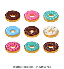 Set von Cartoon bunten Donuts isoliert auf weißem Hintergrund. Donut isometrische Ikone, Konzept ungesundes Essen, Fast Food für Menü-Design, Café-Dekoration, Lieferkasten. Vektorillustration im flachen Stil