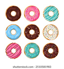 Set of cartoon colorful donuts isolated on white background. Top View Doughnuts collection into glaze for menu design, cafe decoration, delivery box. vector illustration in flat style