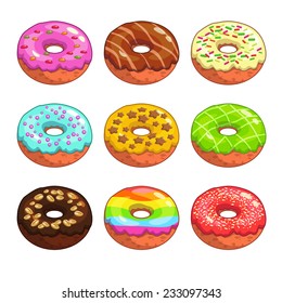 Set of cartoon colorful donuts on the white background