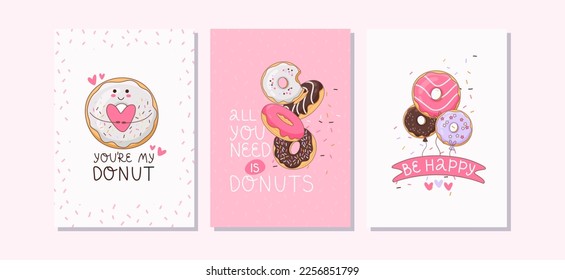 Set of cartoon colorful donuts with positive and cool lettering. Collection of glazed donuts for menu design, cafe decoration, greeting cards, posters. Vector