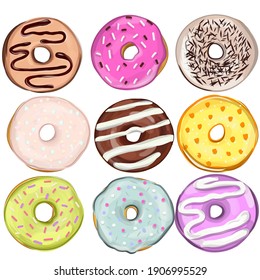 Set of cartoon colorful donuts. Top View Doughnuts collection into glaze for menu design, cafe decoration, delivery box.