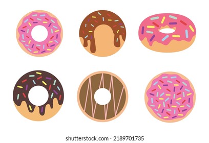 Montaje de Donuts coloridos de dibujos animados. Ilustración vectorial en estilo plano